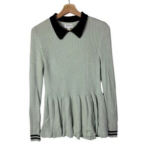 Elle Mint Green Ribbed Black Collar Peplum Long Sleeve Knit Top S